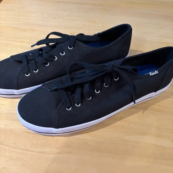 Women’s Keds Black Canvas Sneakers White Soles Black Stripe, Black Laces NWOT - Picture 2 of 6